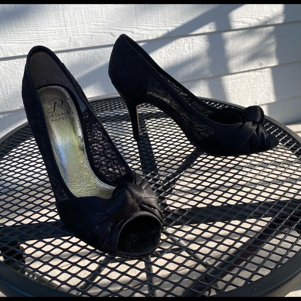 Adrianna Papell Black and Gold Peep Toe Heels
